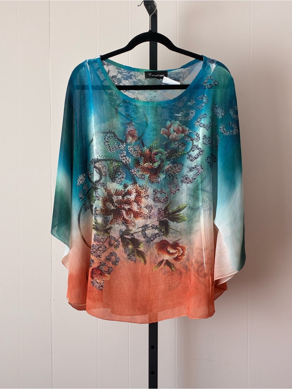 BF2, Cavalini Teal & Coral Floral Chiffon Blouse